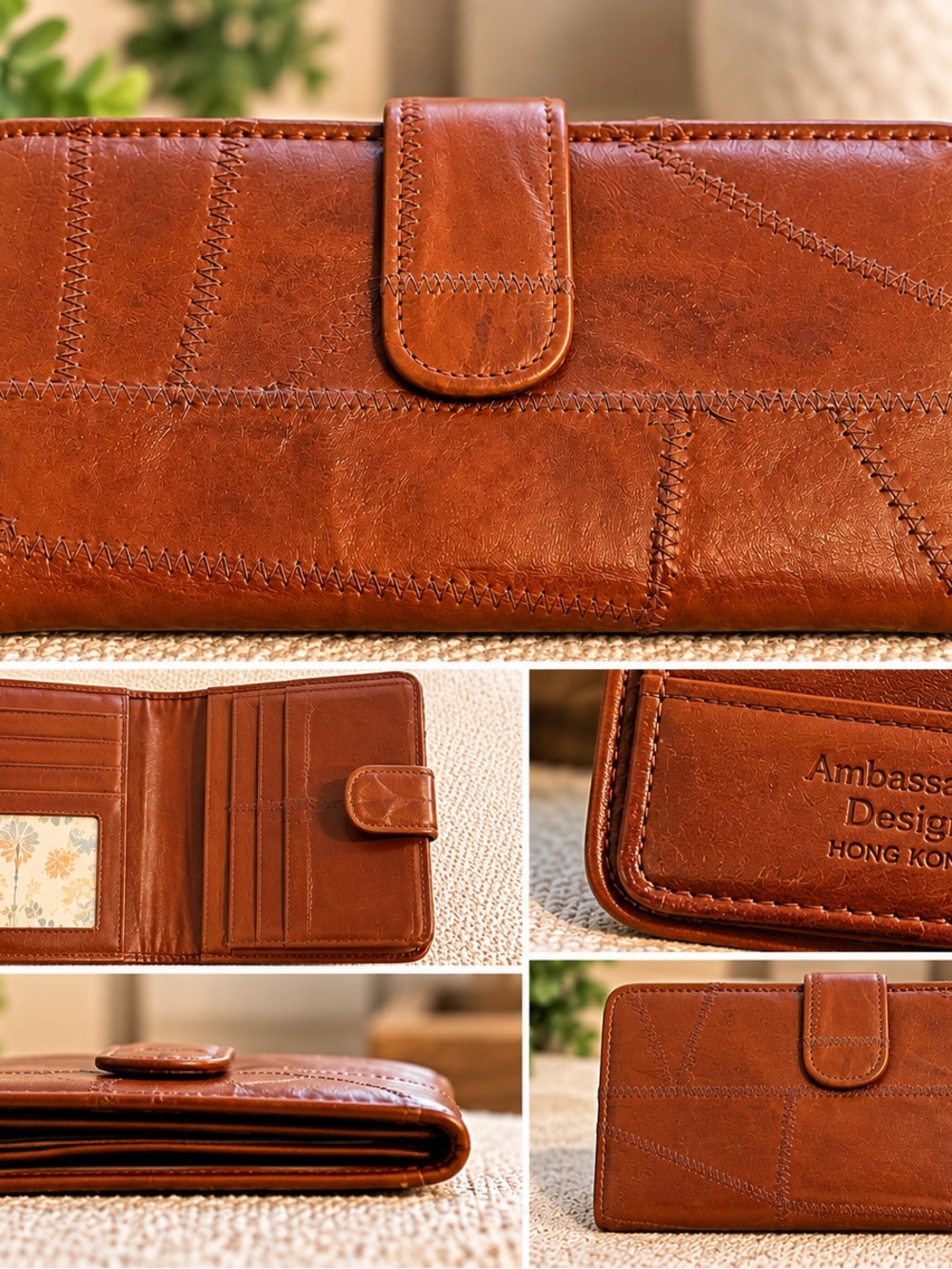 Ambassador Design Vintage Brown‎ Patchwork Leather Checkbook Wallet Hong Kong